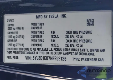 2022 Tesla Model 3 Long Range Dual Motor All-Wheel Drive from USA, damaged, VIN 5YJ3E1EB7NF252125